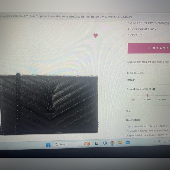 saint laurent grain de poudre matelasse chevron monogram chain wallet black - Picture 11 of 12